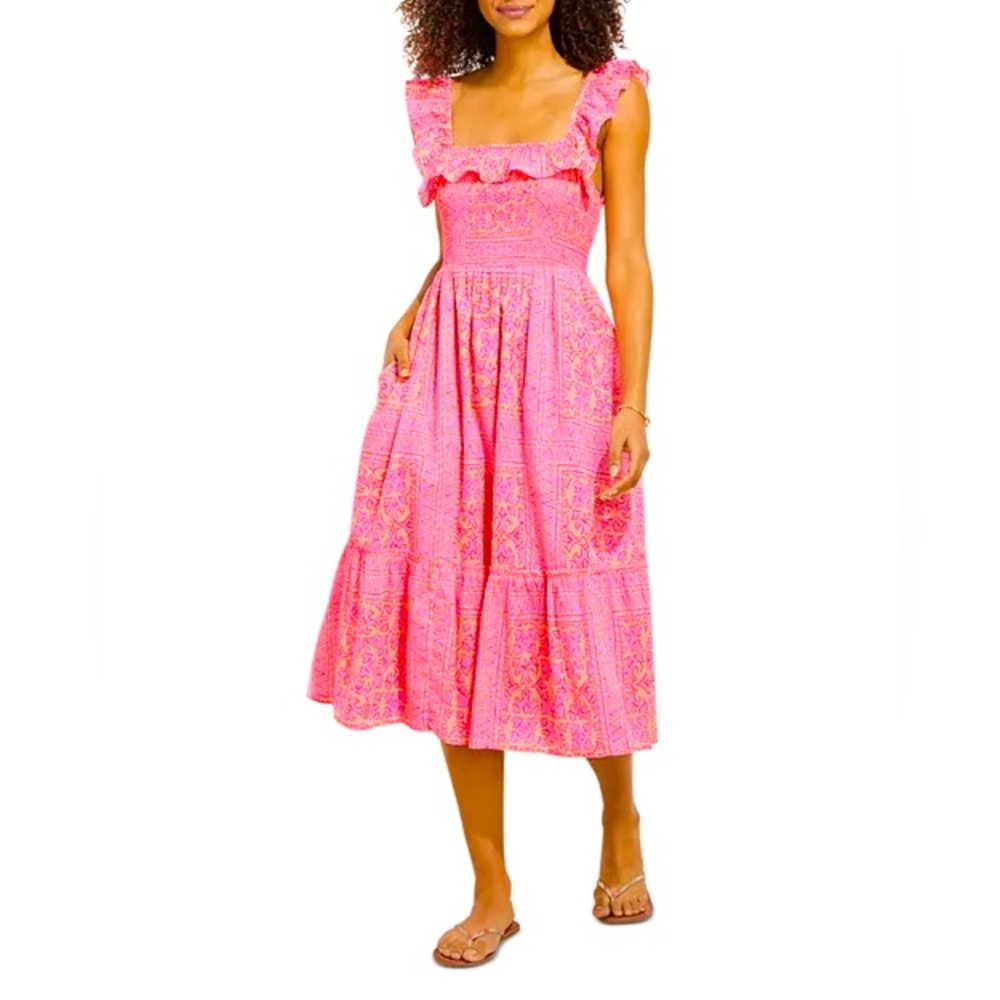Vineyard Vines Smocked Ruffle midi dress Knockout Pink Size Medium